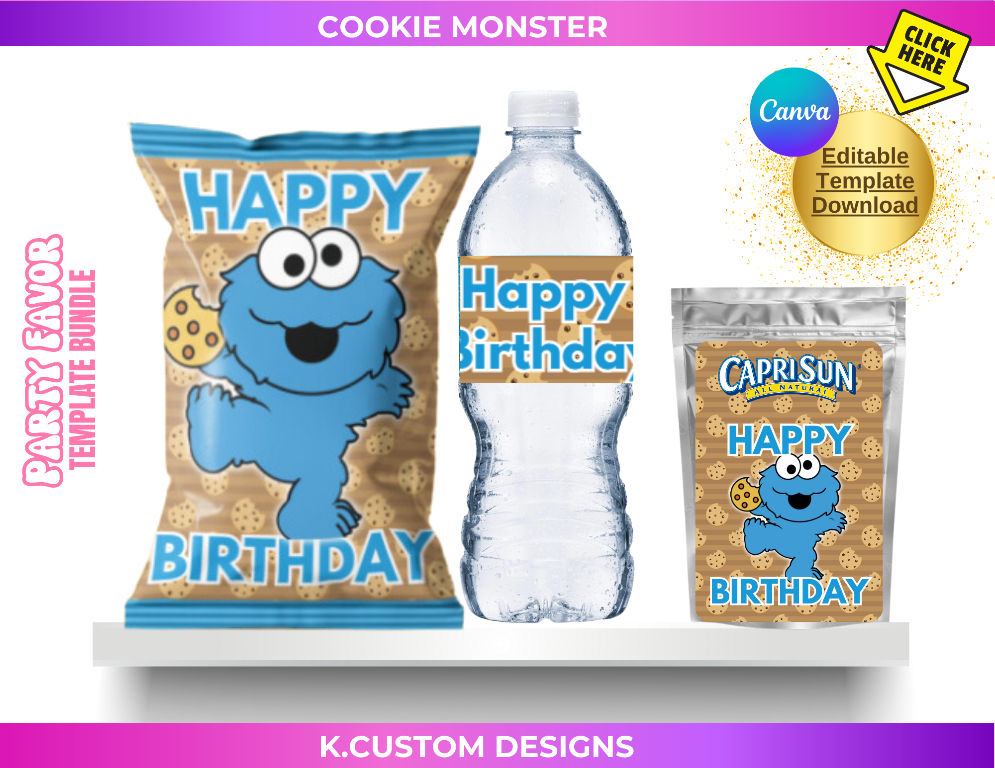 Personalized Cookie Monster Template Bundle (Canva Template) K Custom