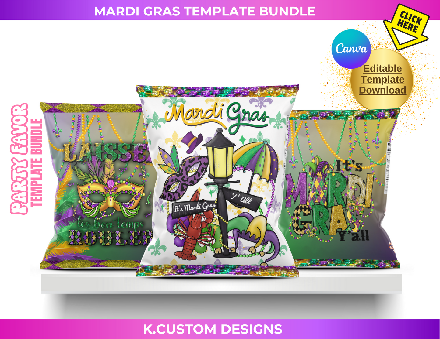 Personalized Mardi Gras Template Bundle (Canva Template)